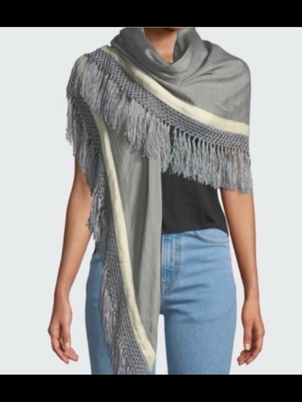 rag & bone Silk Wool Heather Gray Sport Stripe Poncho Fringe Trim Scarf OS